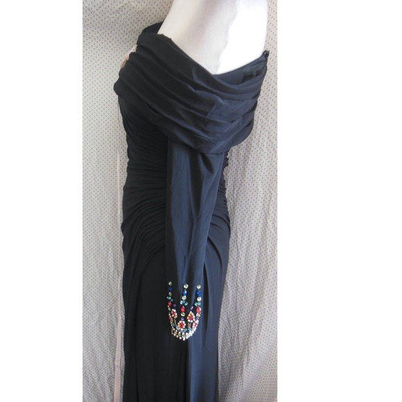 NEW Mac Duggal Black OFF THE SHOULDER Jersey JEWEL CUFFS Ruched HIGH SLIT GOWN 2 - Picture 9 of 14